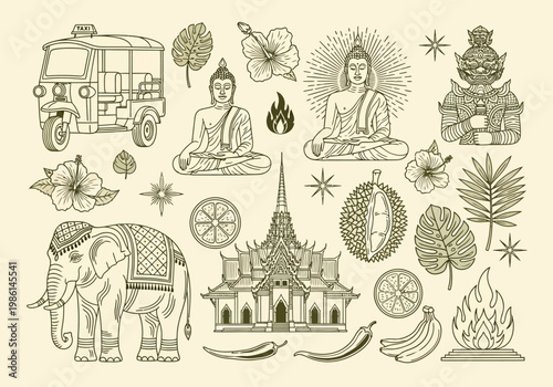Thailand Culture and Travel Icons Set - Vintage Hand-Drawn Line Art with Buddha, Elephant, Tuk-Tuk, Thai Temple, and Tropical Elements
