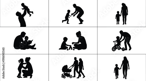 Silhouette collection of parents with children, father playing, mother reading, family walking with stroller, and child riding tricycle, isolated icons, set