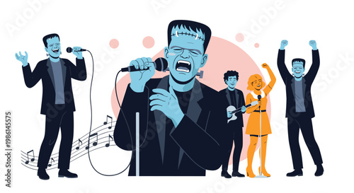 Frankenstein monster and other classic halloween characters performing in a rock music band on a bright stage.