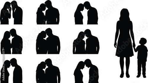 Silhouette collection of romantic couples touching foreheads, together with mother holding hands with child, isolated icons, family love and relationship set
