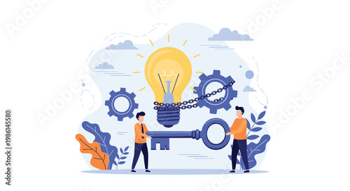 Creative team holding a giant key to unlock a large lightbulb symbolizing the search for innovative business ideas.