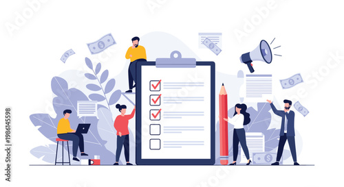 Business team working together around a giant checklist to complete tasks using a large pencil and megaphone.