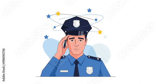 Confused and dizzy male police officer in uniform holding his head with spinning stars representing a headache.