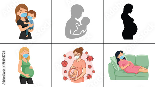 Vector illustration set of pregnant women and mothers wearing medical face masks, pregnancy during pandemic, healthcare, maternity protection, and childcare,
