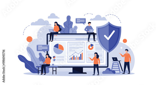 Data security concept showing people working on a large computer monitor protected by a giant blue check shield.