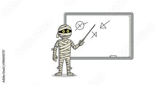 Educated cartoon mummy character pointing at geometric shapes on a large whiteboard during a math or logic lesson.