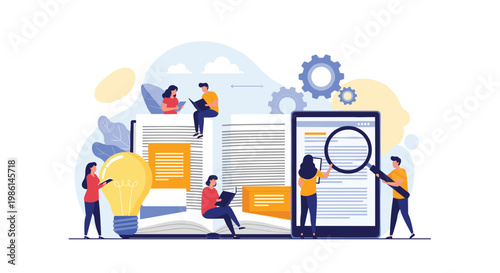 Group of students reading books and using a tablet around a giant open book to represent knowledge and learning.