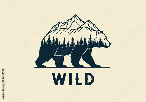 Rustic Wild Bear Silhouette Logo with Mountain Range, Pine Forest, and Vintage Typography Double Exposure Design