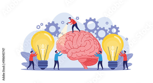 Creative thinkers standing around a giant human brain with glowing lightbulbs and floating mechanical gear icons.