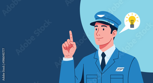Smiling male postal worker or delivery man in blue uniform having a bright new idea shown as a glowing lightbulb.