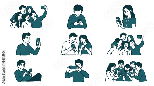 Young people using smartphones icon set: vintage scientific illustration of social media and mobile activities