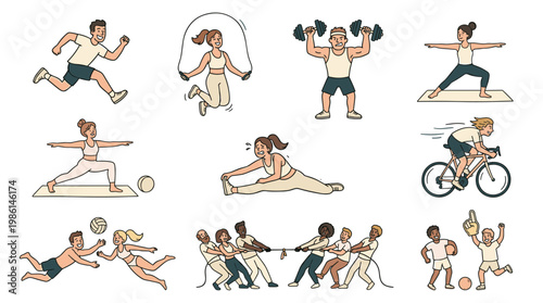 Active people characters set: nine flat vector illustrations for fitness, sports, and healthy lifestyle