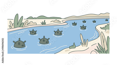 Mined river scene: floating naval mines in a dangerous waterway, flat vector illustration