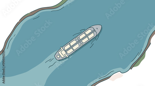 Oil tanker ship navigating through a wide bay, top-down flat vector maritime logistics illustration