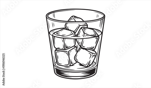 Transparent drinking glass filled with ice cubes outline drawing