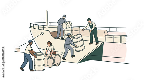 Workers loading oil barrels onto a cargo ship, flat vector illustration of industrial maritime logistics