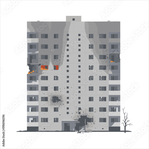 Damaged apartment building with fire and smoke during conflict on white background