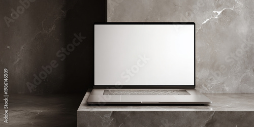 Laptop mockup placed on a table in a moody studio with dramatic lighting. The dark textured background enhances contrast, perfect for digital presentation, branding, and product showcase.
