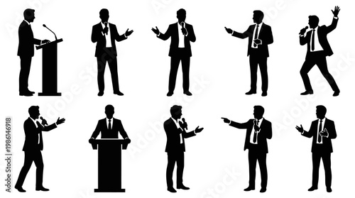 10 Man Giving Speech Silhouette Vector Pack – Public Speaking & Presentation SVG Collection