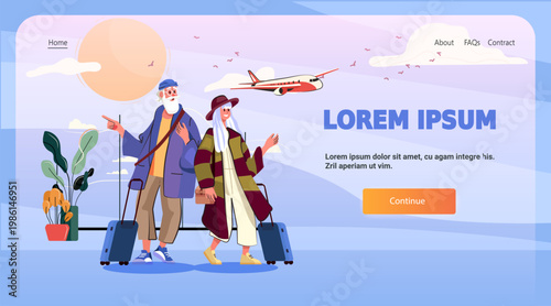 Active seniors traveling airport elderly couple with luggage airplane flying sky plants modern web page template