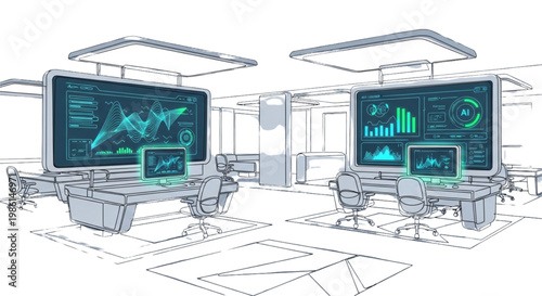 Flat Vector Futuristic Office AI Smart Workspace Digital Screens Minimal Illustration