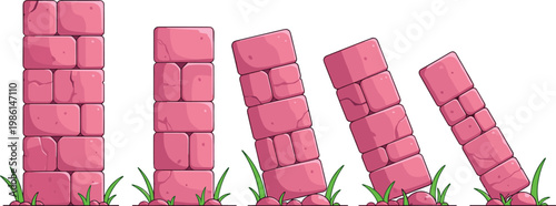Falling Pink Stone Tower Illustration Set with Leaning Blocks and Green Grass for Landscaping, Architecture, and Construction Designs