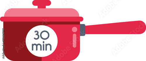 Red cooking pot displaying a 30 minute timer for preparing food