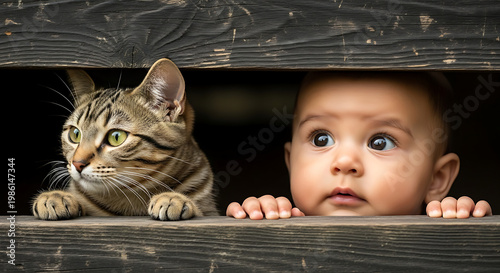 Curious tabby cat and cute little baby peeking through narrow gap in dark wooden fence, friendship between pets and children concept, close up indoor outdoor adventure realistic photography.