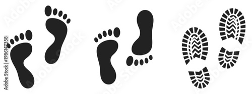 Footprint and shoe print icon set, shoe sole imprint silhouette and human footprints in modern line and solid vector style, representing walking path, tracking, forensic evidence, and movement trail
