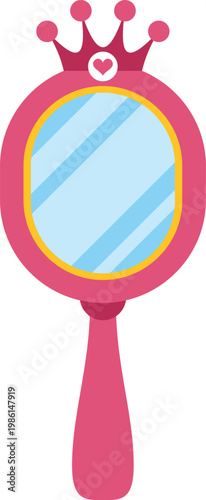 Pink hand mirror showing a golden frame and crown embellishment with a heart