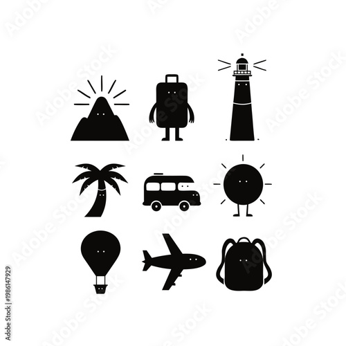 Collection of black and white travel and vacation icons including mountain, suitcase, lighthouse, palm tree, bus, sun, hot air balloon, airplane, and backpack.