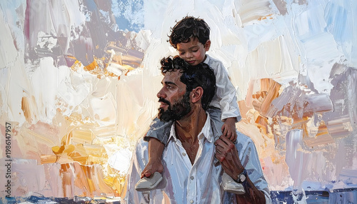 Father carrying son on shoulders with abstract painted background shoulders carrying together childhood connection affection happiness portrait relationship painting abstract background