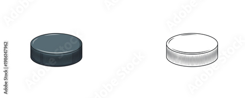 Hockey puck cartoon illustrations in dark gray and black line styles representing professional rubber equipment for ice hockey games isolated on white background