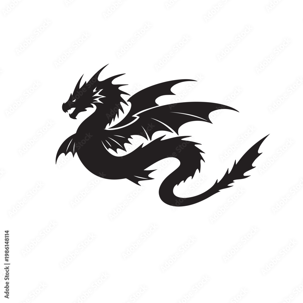Fototapeta premium Mythical dragon silhouette vector illustration, tribal dragon logo design