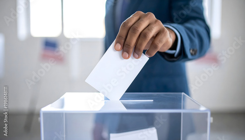 Close-up of man's hand dropping ballot into voting box with election decision democracy political government participation candidate campaign constitution leadership representation congress