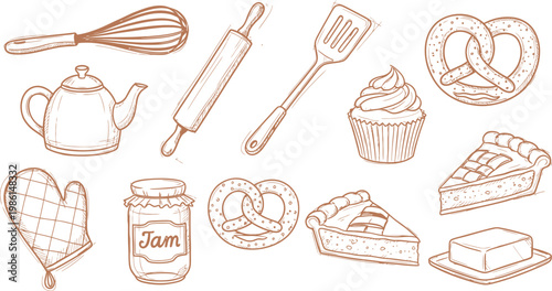 Hand Drawn Vintage Baking and Kitchen Utensils Vector Illustration Set with Pastries