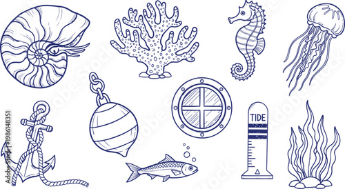 Hand-drawn Blue Ink Nautical Marine Life and Ocean Elements Vector Set
