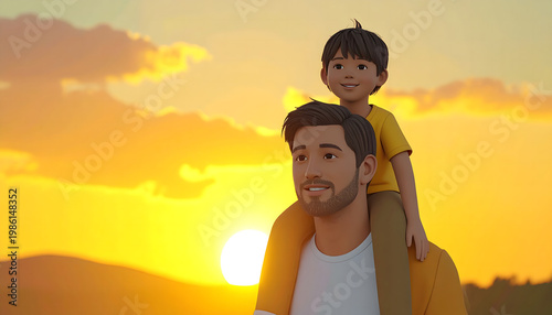 Father and son at sunset with golden sky together happiness affection childhood silhouette relationship mountains shoulders carrying connection memories daylight twilight peaceful