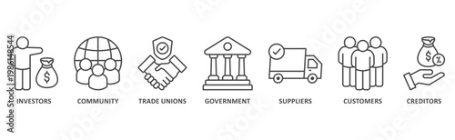 stakeholder banner web icon illustration with icon of investors, community, trade unions, government, suppliers, customers, creditors 