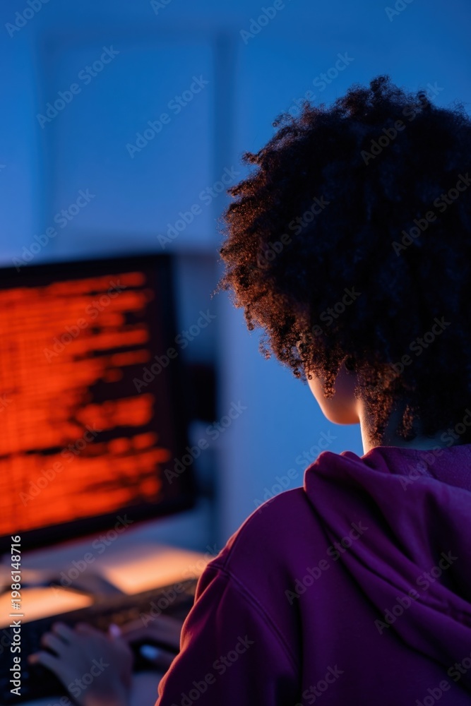 Fototapeta premium Person typing at desktop with red code on large monitor