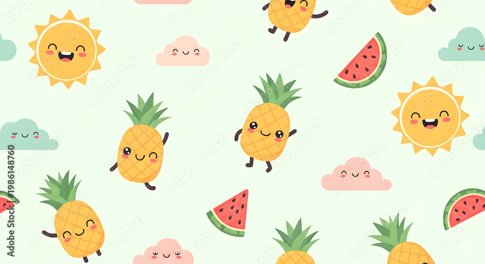 Obraz premium Cute Summer Seamless Pattern with Smiling Sun, Pineapple Characters and Watermelon – Pastel Kids Cartoon Background