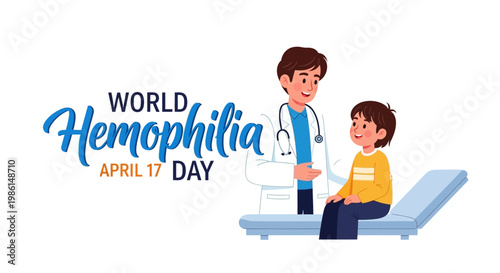 A doctor in a medical setting examines a child patient in recognition of World Hemophilia Day, with a visible red drop symbol signifying blood health awareness, all set against a clean