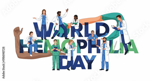 A diverse group of medical professionals stands around stylized text for World Hemophilia Day, promoting awareness of this rare genetic blood disorder in a colorful vector illustration