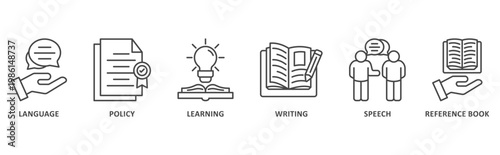 grammar banner web icon illustration with icon of language, policy, learning, writing, speech, reference book