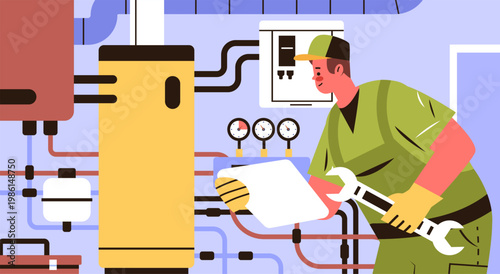 Plumber technician repair service industrial boiler maintenance worker holding wrench inspecting pipes gauges mechanical equipment modern interior