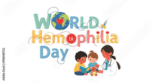 An illustration commemorates World Hemophilia Day with a doctor reading to two children, rendered in a cheerful cartoon style against a clean white background, emphasizing the importance