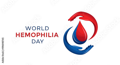 A vector illustration commemorating World Hemophilia Day features a stylized red and blue drop of blood cradled by hands, symbolizing care and support for blood disorder awareness