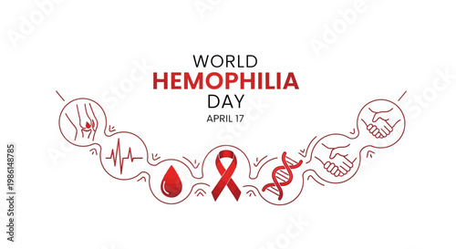 A symbolic vector illustration commemorates World Hemophilia Day with a stylized design featuring red drop symbols, DNA strands, and handshakes arranged in a decorative arc on a clean white