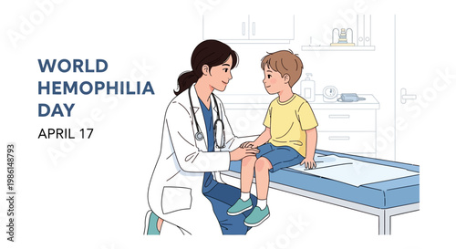 On World Hemophilia Day, a caring doctor in a white coat gently examines a young boy sitting on an examination table in a light-filled medical office, symbolizing support and genetic
