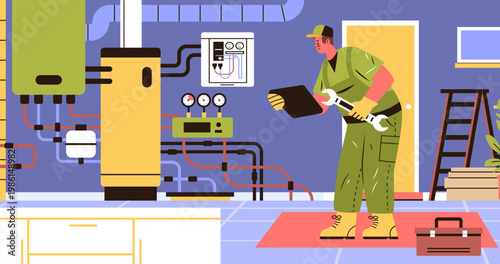 Heating technician maintenance service worker repairing boiler system pipes gauges equipment tools indoor workspace